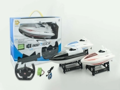 2.4G 4-Channel Remote Control Simulated Boat Model Speedboat 3-Color Assortment (Red, Blue, Black) Includes 4.8V 500mAh Rechargeable Battery Pack, USB Charging Cable, and Display Stand