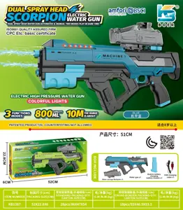 Scorpion-style three-function dual-nozzle electric water gun, dual nozzles, dual water streams, self-contained with running lights, electric/manual/simultaneous use