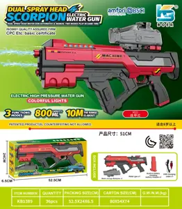 Scorpion-style three-function dual-nozzle electric water gun with dual nozzles, dual water streams, self-contained with running lights, electric/manual/simultaneous use