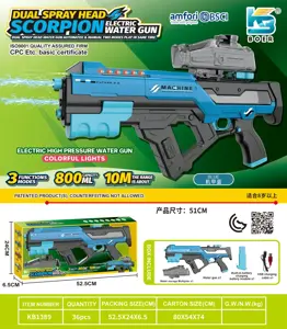 Scorpion-style three-function dual-nozzle electric water gun with dual nozzles, dual water streams, self-contained with running lights, electric/manual/simultaneous use
