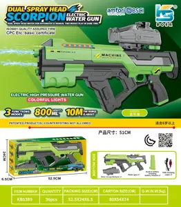 Scorpion-style three-function dual-nozzle electric water gun with dual nozzles, dual water streams, self-contained with running lights, electric/manual/simultaneous use