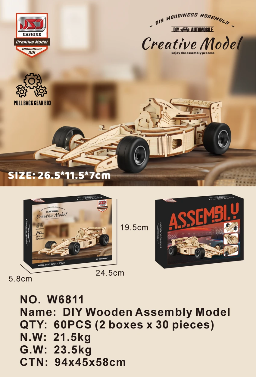 DIY Wooden Assembled Pull-Back F1 Racing Car