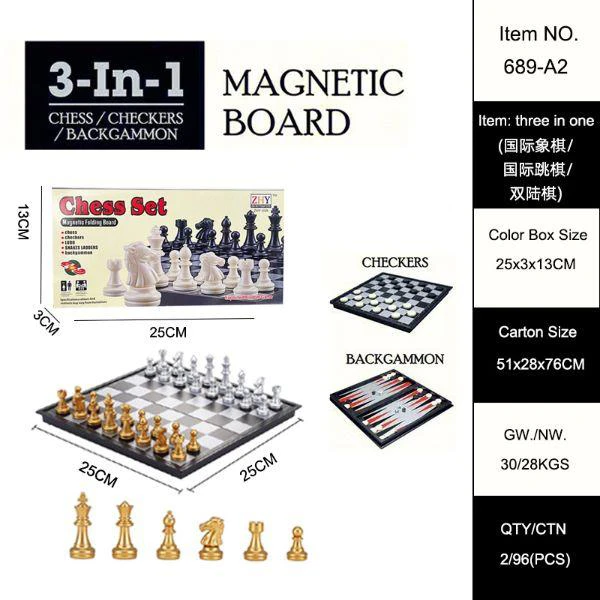 3-in-1 Chess (Foldable Magnetic Gold and Silver Striped Chess / Checkers / Backgammon)