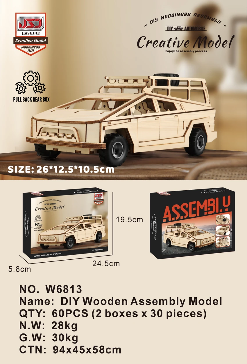 DIY Wooden Assembled Pull-Back Tesla Pickup