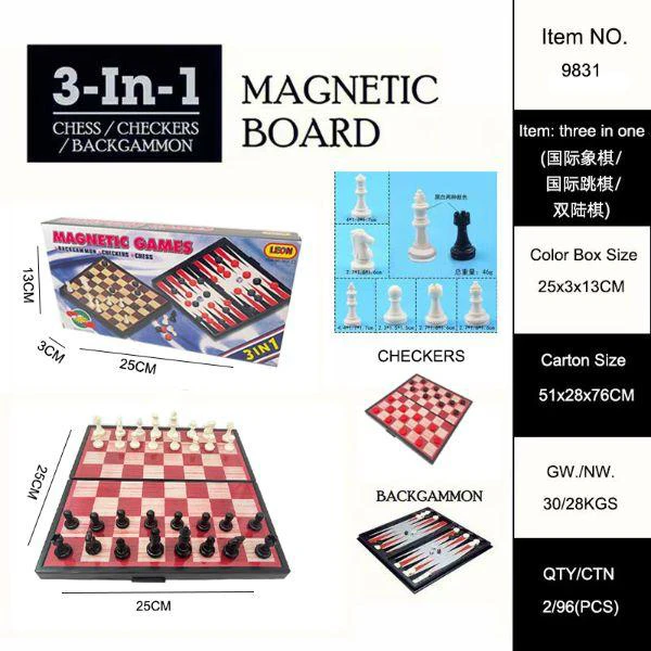 3-in-1 Chess (Folding Magnetic Black White Striped Chess/Checkers/Backgammon)