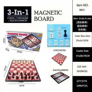 3-in-1 Chess (Folding Magnetic Black White Striped Chess/Checkers/Backgammon)