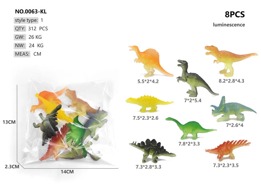 8 solid paint-sprayed glow-in-the-dark dinosaurs