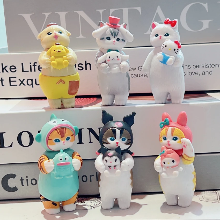 Large Sanrio Cat 6-Piece Figurine Set, Cartoon Figurine Ornaments, Small Doll Figurines, PVC Figurine Models