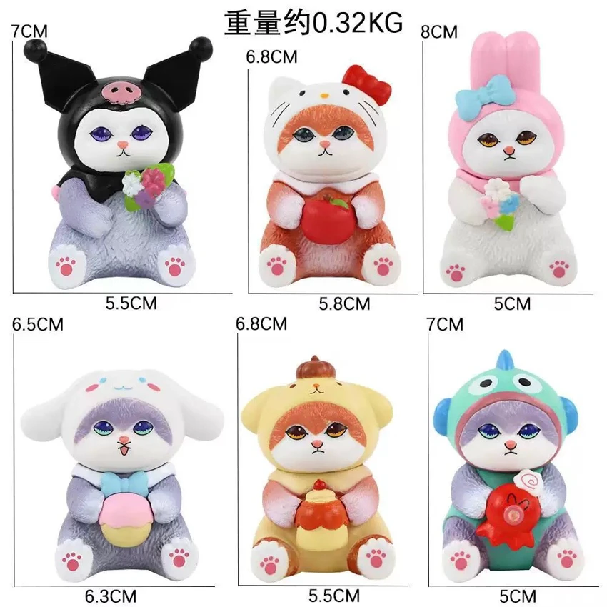 Sitting Shark Cat 6-Piece Figurine Set, Cartoon Figurine Display, Small Dolls, PVC Figurine Model