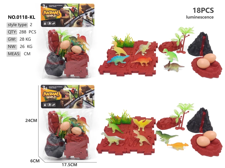 6 glow-in-the-dark dinosaur scenes with volcano building blocks