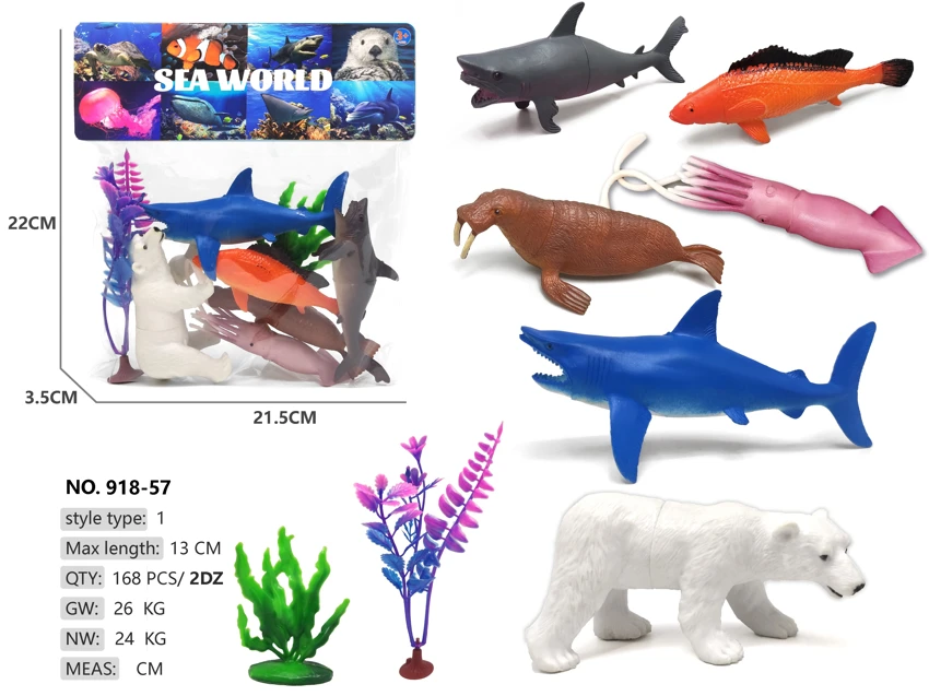 6 ocean animals: polar bear, shark