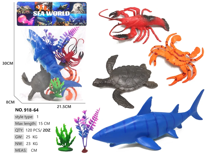 4 ocean creatures: big shark, turtle