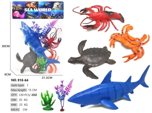 4 ocean creatures: big shark, turtle