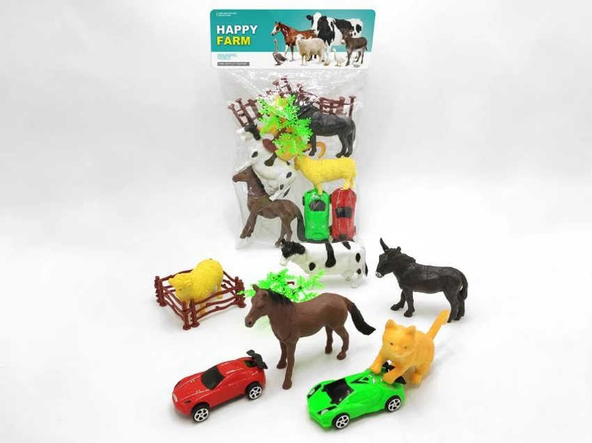 5 farm animals, 2 cars combined 12-piece set (including accessories)