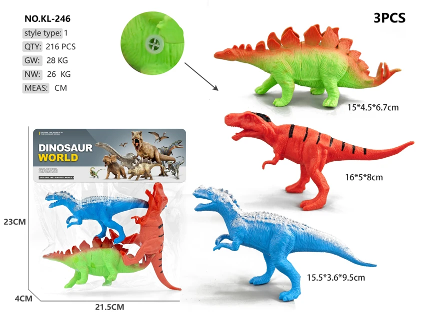 3 soft rubber dinosaurs with whistle