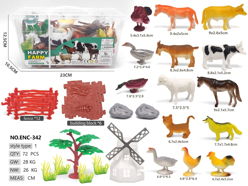 Rectangular hand-carry box, 14 farm animals, 12 fence windmill