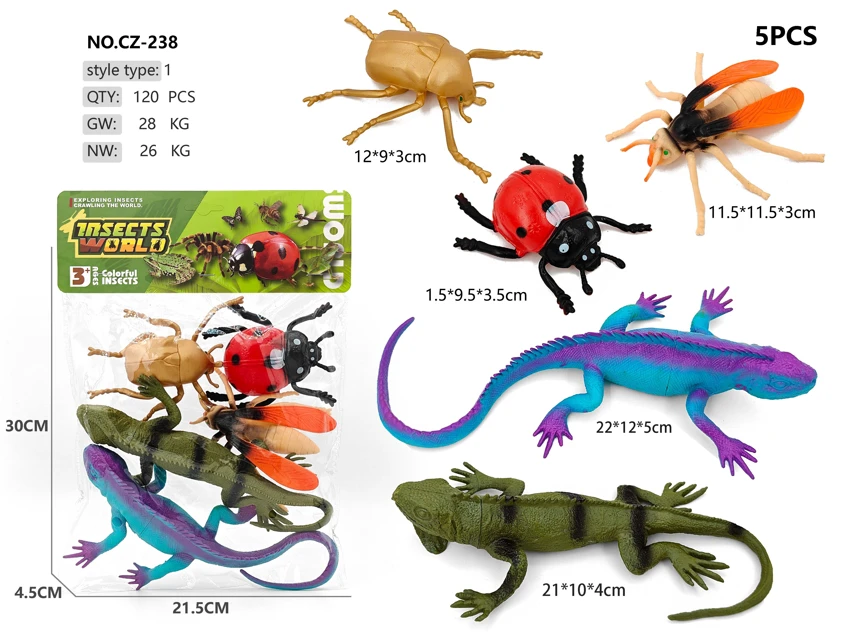 2 lizards, 3 insect models