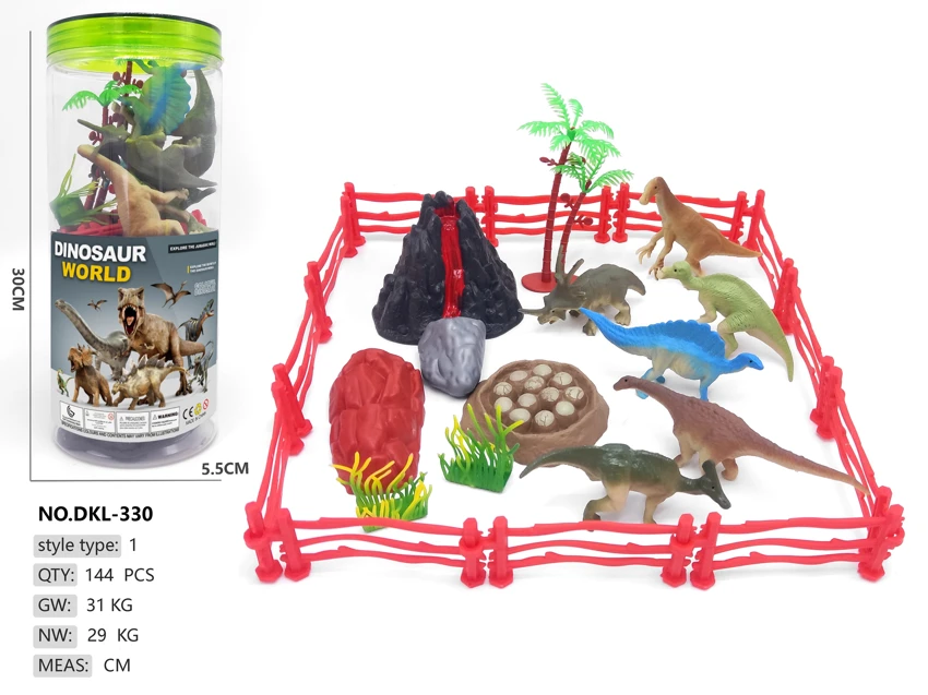 Medium cylinder, 6 dinosaurs, 12 fence scene