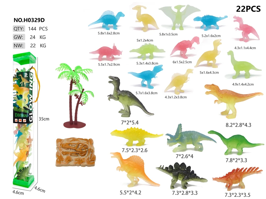 20 Glow-in-the-Dark Dinosaurs PVC Square Tube