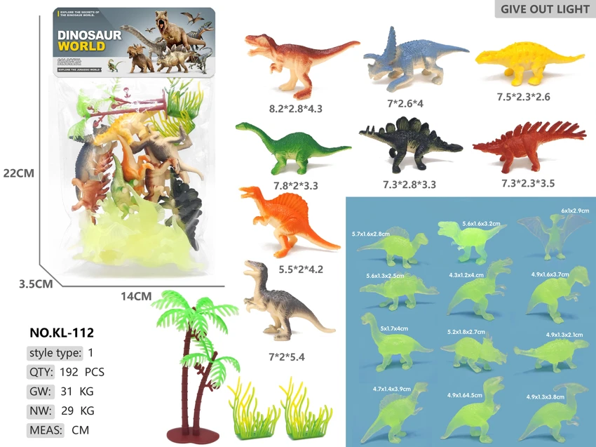 Solid 8 painted dinosaurs with night glow, small size 12