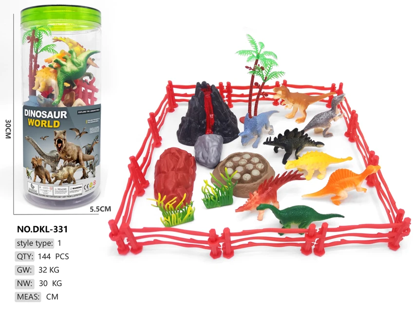 Medium cylinder, 8 dinosaurs, 12 fence scene