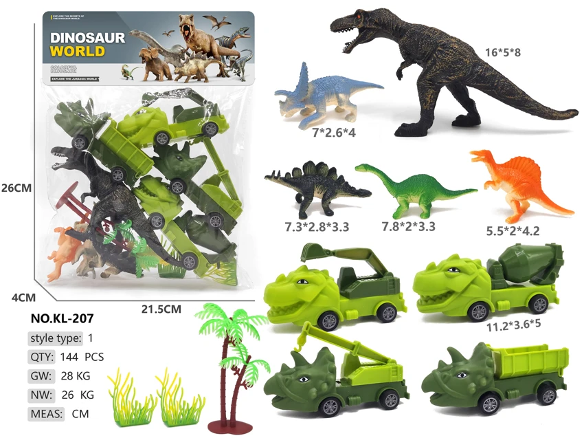 4 dinosaur pull-back cars, 5 dinosaurs