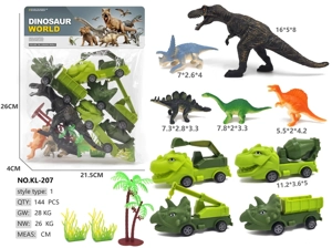 4 dinosaur pull-back cars, 5 dinosaurs