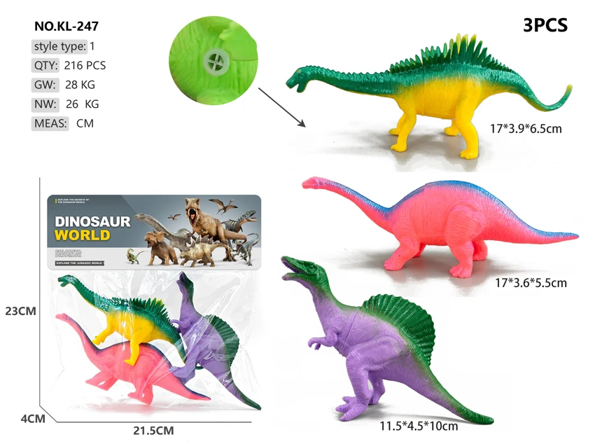 3 soft rubber dinosaurs with whistle