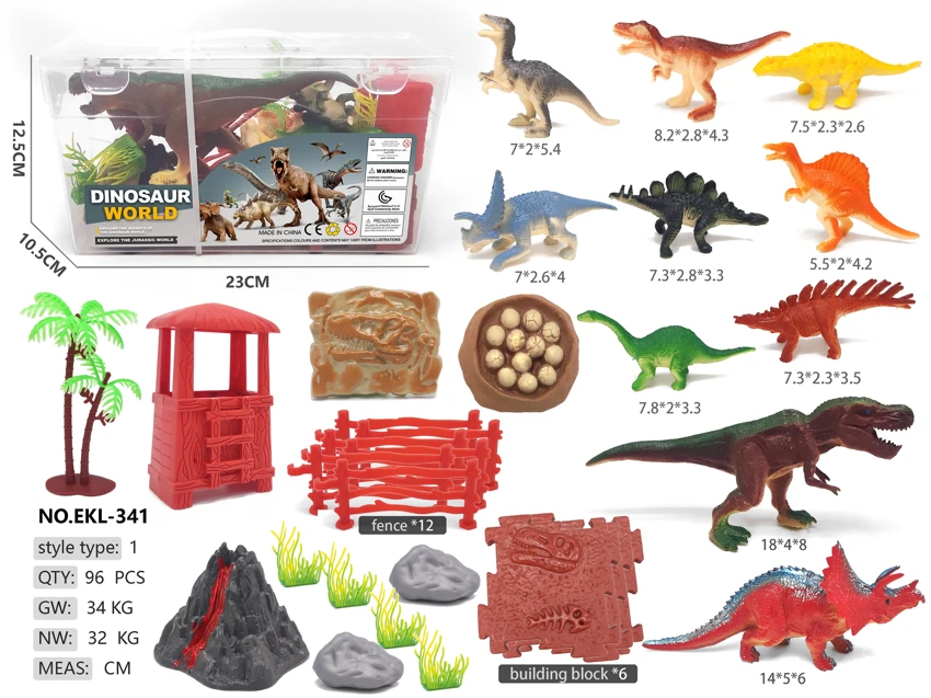 Rectangular hand-carry box, dinosaur scene building blocks with 8 fences
