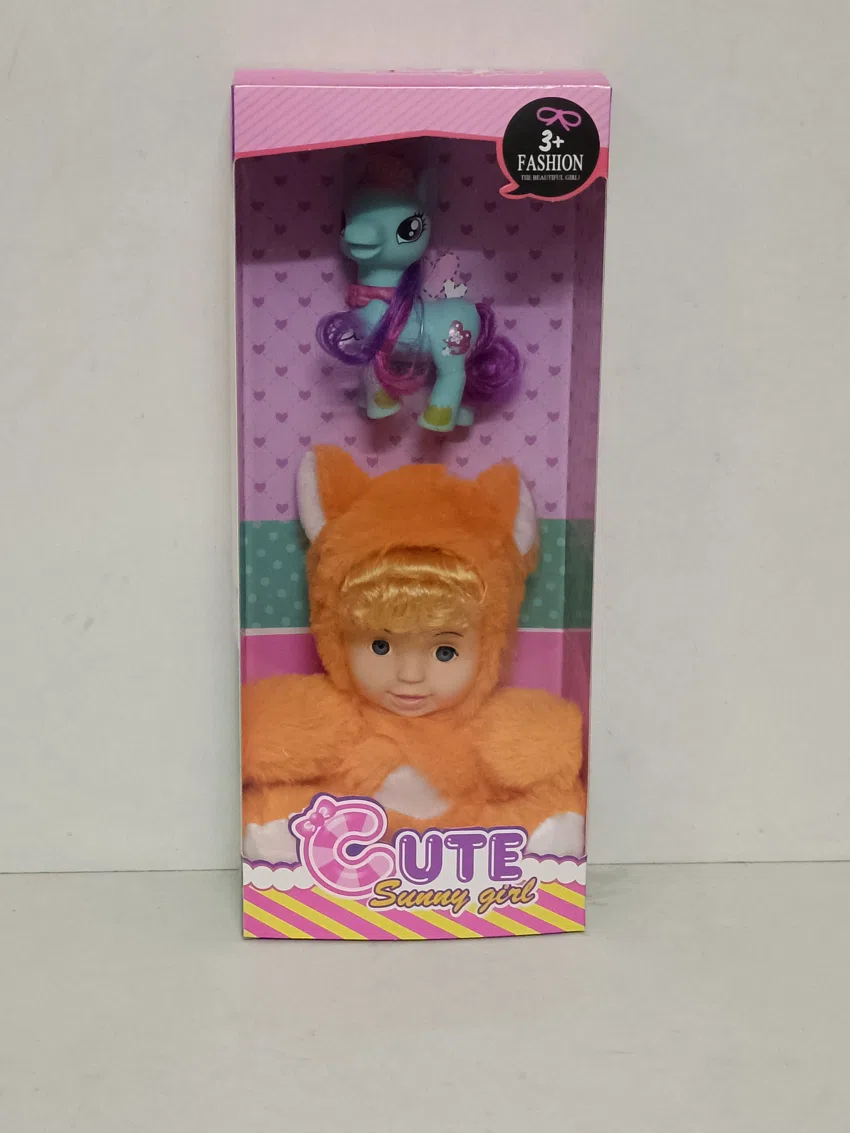 20cm plush with vinyl head and cotton-filled body with pony