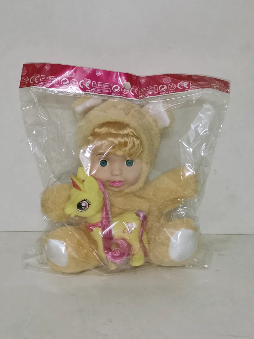 20cm plush with vinyl head and cotton-filled body with horse