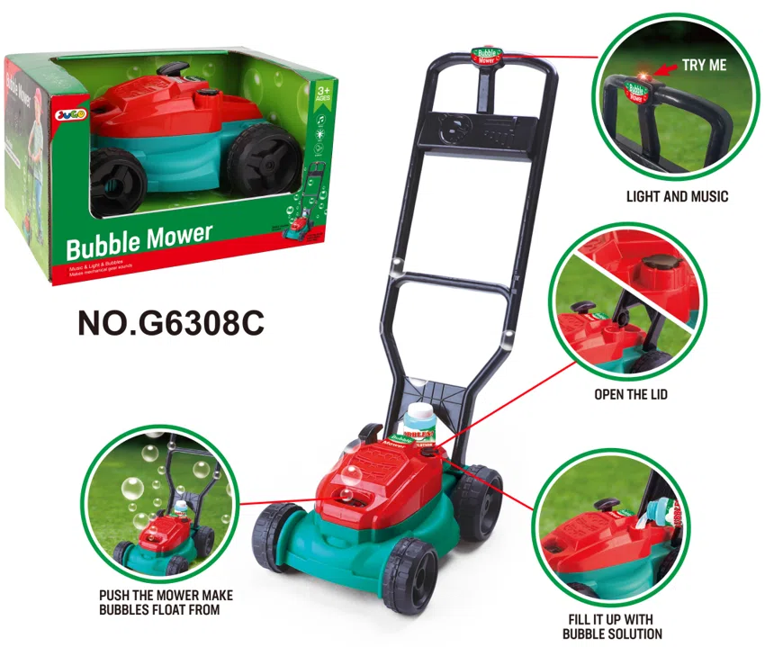 Bubble lawn mower with lights, music, 1*118ML bubble solution, 6 bubble-blowing accessories, includes 3*AG10 batteries