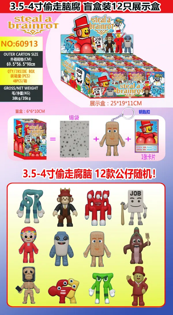 3.5-4 inch stolen brain rot single (with keychain) 1 card blind box 12 blind box display box cards and 12 dolls are random