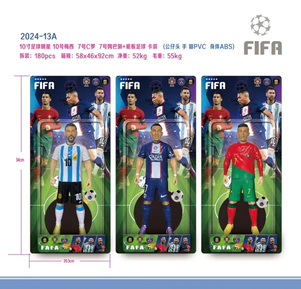 10-inch football star Football Base (Messi, C. Ronaldo, Mbappé) card pack/3 mixed designs (ABC body, PVC eco-friendly head, hands, feet, movable joints)