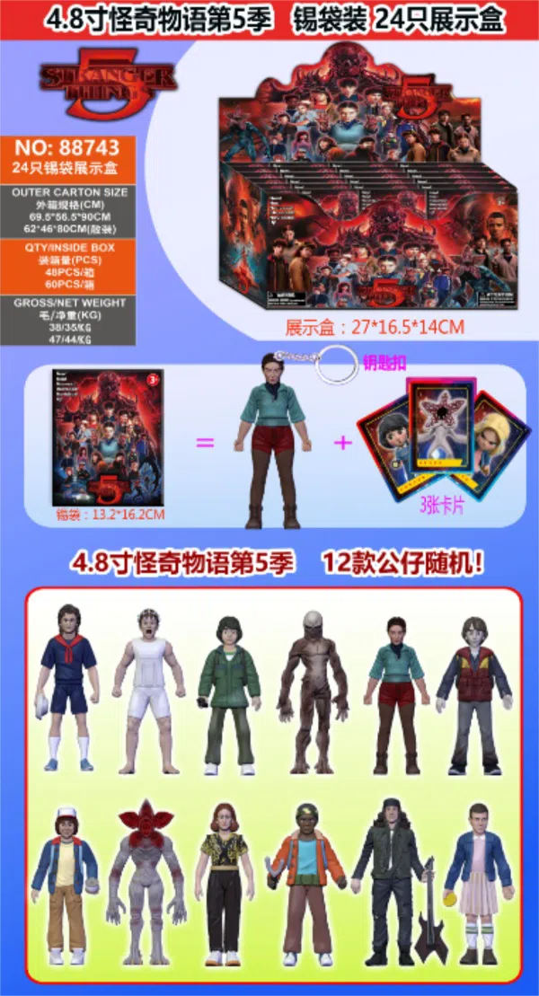 4.8-inch Stranger Things Season 5 single figure (with keychain), 3 cards, tin bag, 24-piece tin bag display box, cards and 12 figures random