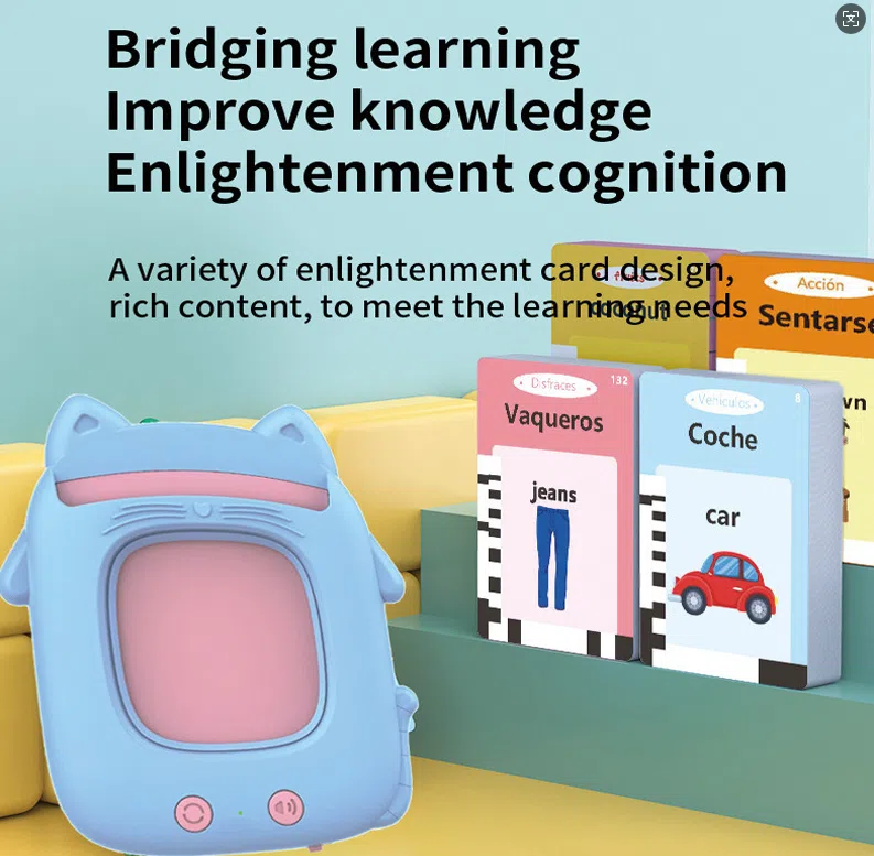 Educational Toy Bilingual Flashcard Machine Vertical Cat Version 112 Cards, Portuguese + English