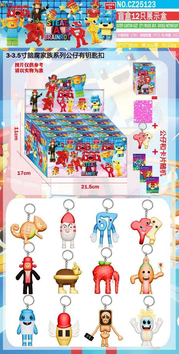 3.5 inch Brain Decay Family (New) 12 Blind Box Display Box with Card (with Keychain)