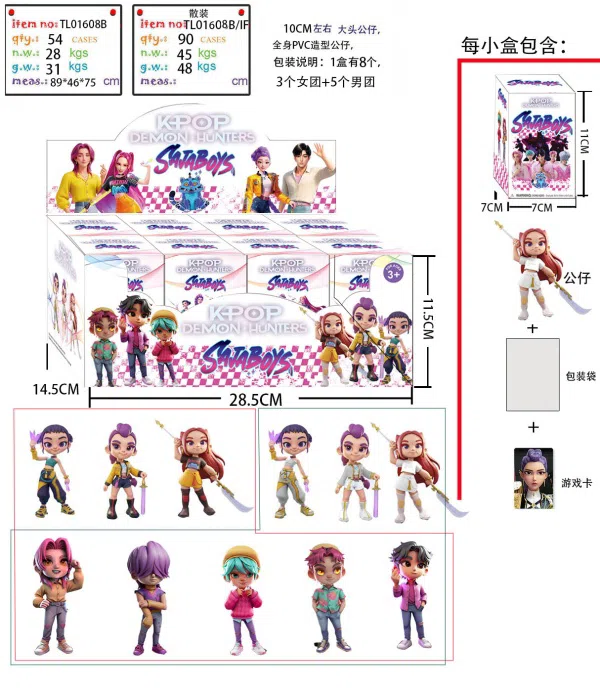 Q version 4-inch (10 cm) Demon Hunting Boy Group Doll Blind Box (a box of 8), PVC environmentally friendly material, 11 dolls mixed, each blind box is random with a doll and a card