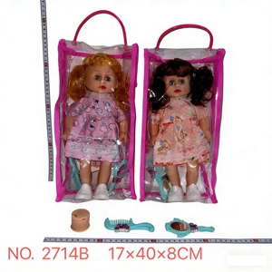 New 14-inch Straight-Leg Girl Doll with Printed Dress, Rabbit and Fox, 2 Colors Mixed Clothes, Green Comb and Mirror