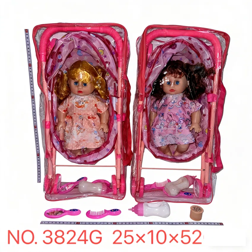 New 14-inch bendable leg girl doll with printed rabbit and fox dress, luxury iron foldable large stroller, comb, mirror, large bottle