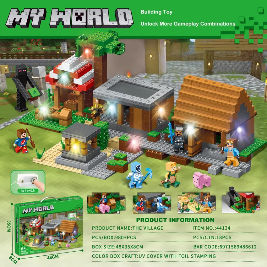 980 PCS My World Deluxe Village (Color box uses exquisite UV process and gold stamping process) with seven-color flashing feature
