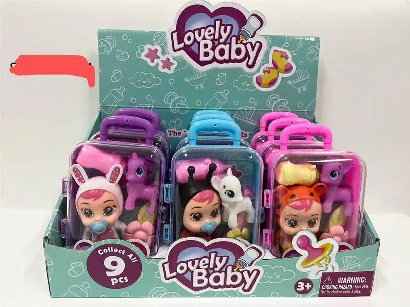 Suitcase with little horse~hair clip~baby bottle~pacifier~4.5-inch crying doll that can shed tears, 9 pieces per display box (whole box price)