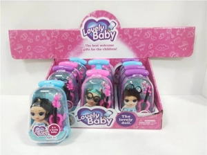 Suitcase with 2.5 inch doll ~ comb mirror ~ violin ~ glasses 12 pieces in one display box (whole box price)