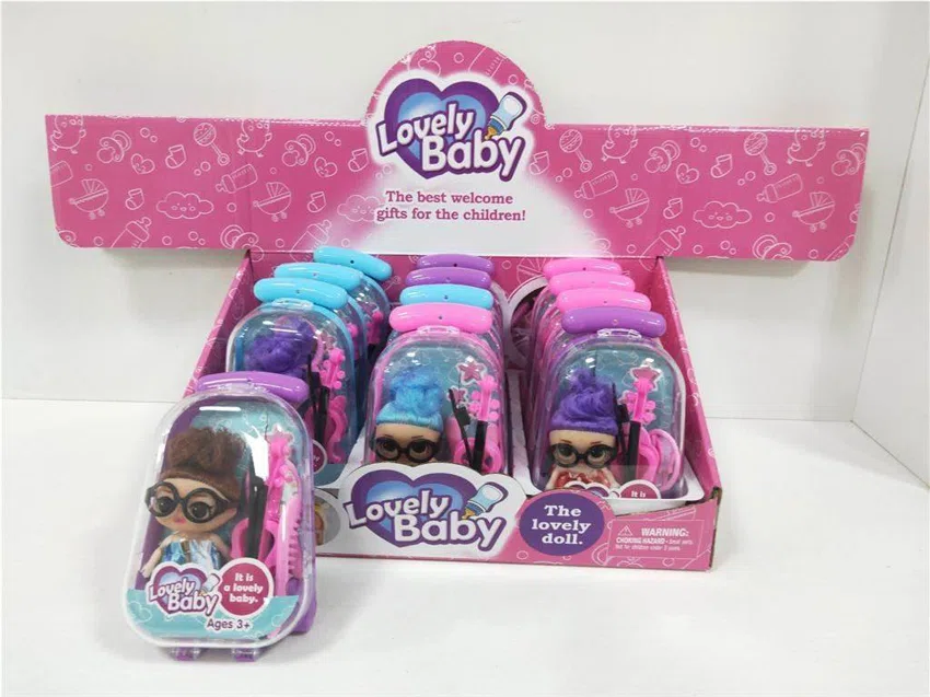 Suitcase with 2.5 inch doll ~ comb mirror ~ violin ~ glasses 12 pieces in one display box (whole box price)