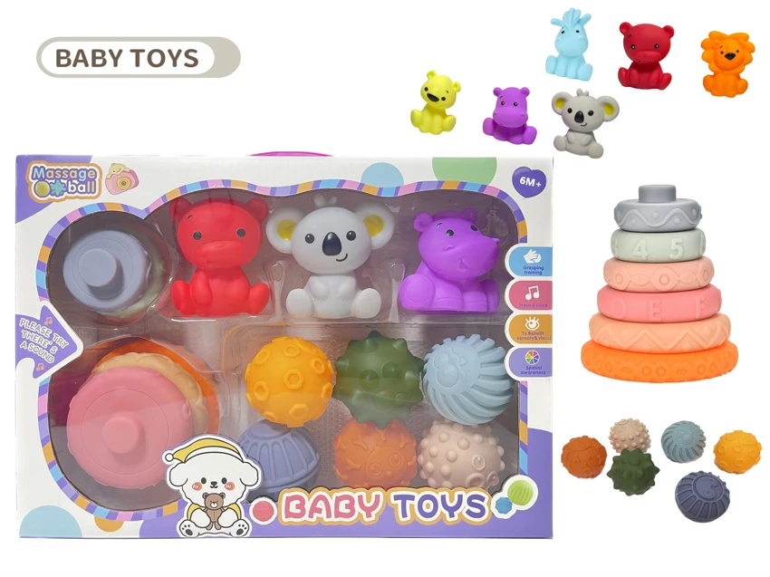 Rubber stacking blocks rainbow rings. Soft rubber ball. Baby tactile ball. Water play ball. Squeeze ball. Hand grasp ball. Bath toy. Water spray toy.