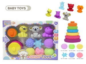Rubber stacking blocks rainbow rings. Soft rubber ball. Baby tactile ball. Water play ball. Squeeze ball. Hand grasp ball. Bath toy. Water spray toy.