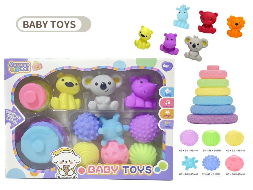 Rubber stacking blocks rainbow rings. Soft rubber ball. Baby tactile ball. Water play ball. Squeeze ball. Hand grasp ball. Bath toy. Water spray toy.