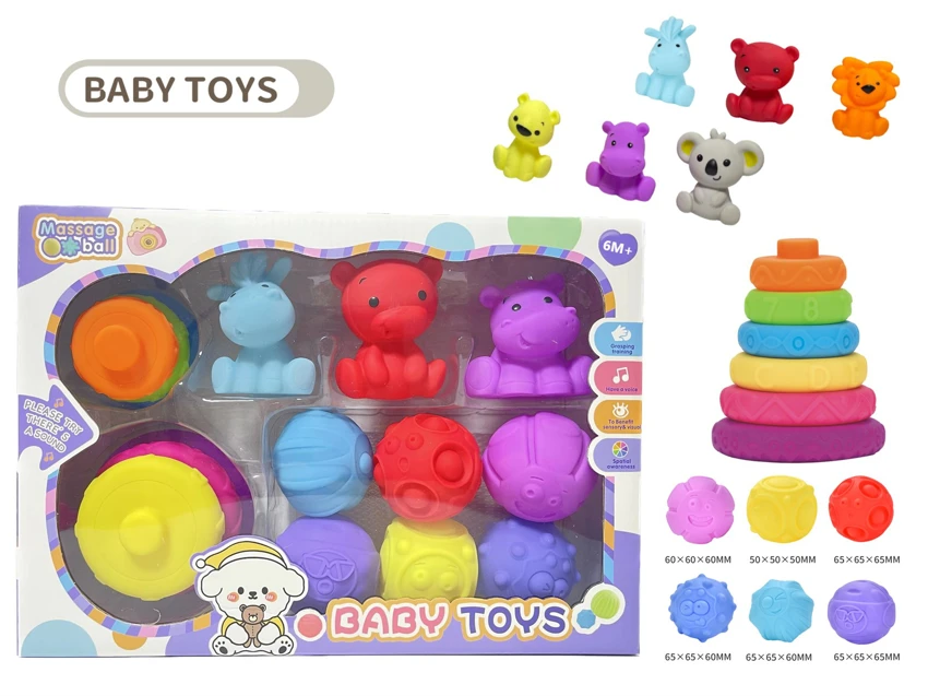 Rubber stacking blocks rainbow rings. Soft rubber ball. Baby tactile ball. Water play ball. Squeeze ball. Hand grasp ball. Bath toy. Water spray toy.
