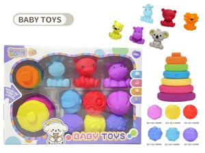 Rubber stacking blocks rainbow rings. Soft rubber ball. Baby tactile ball. Water play ball. Squeeze ball. Hand grasp ball. Bath toy. Water spray toy.