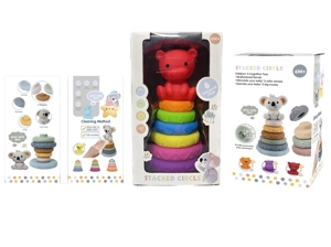 Soft rubber stacking toy Rainbow Rings. Bath toy. Educational early learning. Multidimensional perception. Color difference recognition.